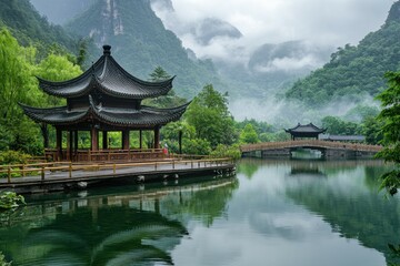 Naklejka premium Serene Asian Landscape with Pagoda