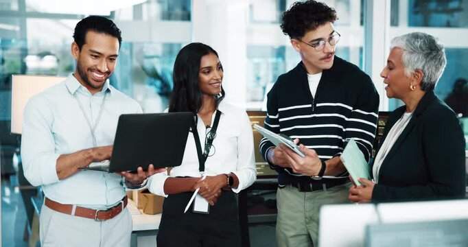 Group, people and developer on tablet in office for programming, IT training and software update. Employees, digital and discussion for website development, coding server and troubleshooting system