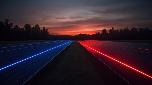 A stunning sunset over a solar farm, featuring blue and red light strips highlighting the panels, can be used for topics related to renewable energy, technology, and environmental awareness,