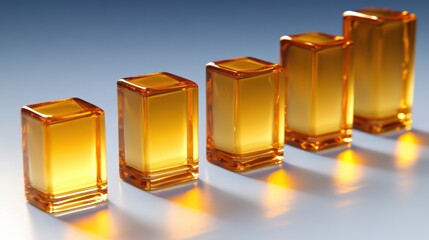 The image showcases five glass blocks filled with a golden liquid, arranged in ascending order, This can be utilized for themes related to success, growth, or product promotion in health and wellness