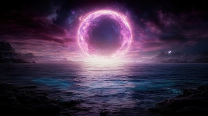 A stunning cosmic scene featuring a vibrant purple sun rising over tranquil waters, surrounded by distant mountains and a starry sky, Ideal for use in science fiction projects, art displays