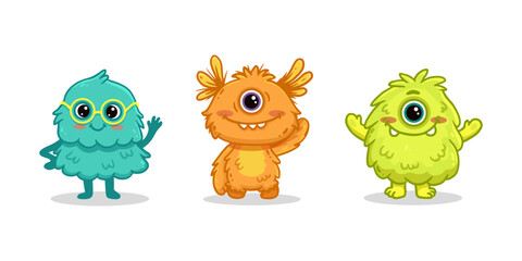 set of cartoon monsters. Cute monsters. Kids funny character design for posters, cards, magazins. Vector illustration
