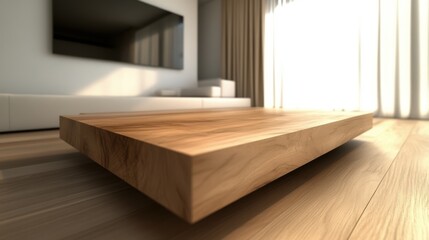 Fototapeta premium A close-up view of a sleek wooden coffee table in a modern living room, showcasing its texture against light wood flooring, Ideal for interior design projects or furniture catalogs,