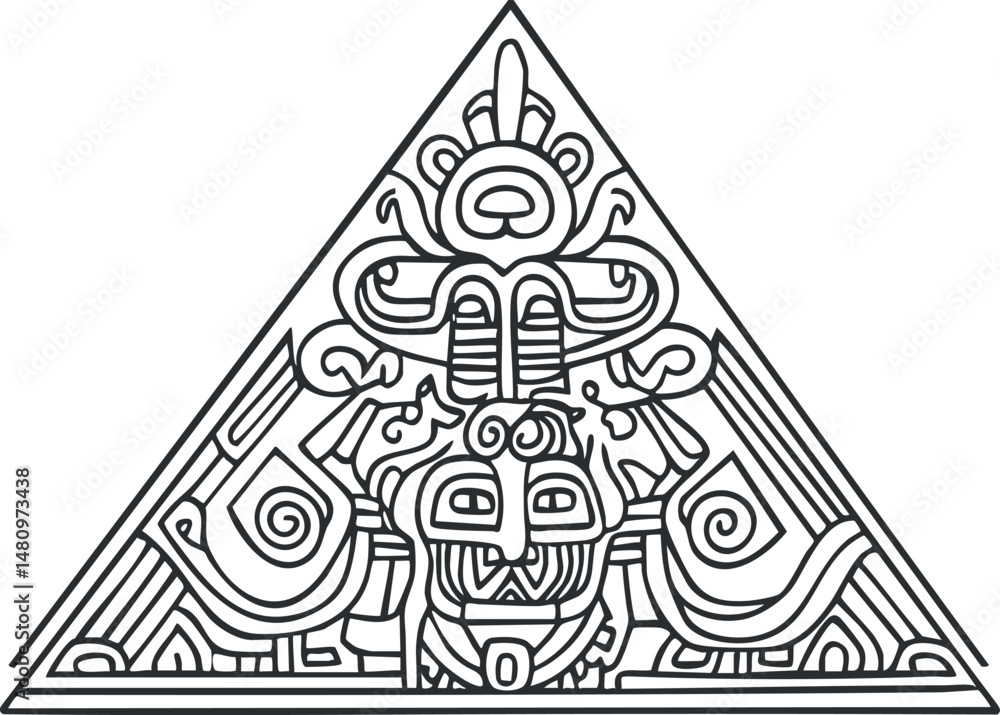 Poster black and white tribal abstract pattern in a triangle shape with intricate symbolic designs and moti