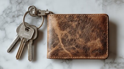 Brown Leather Wallet with Keys on Desk, Top View Composition