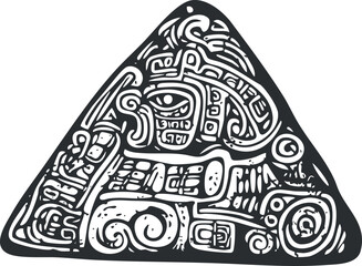Black and white Aztec tribal pattern in a triangular shape with intricate ancient symbols and designs