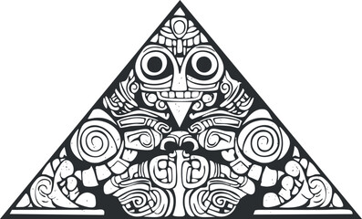 Black and white tribal triangle design with abstract and ornamental patterns inspired by ancient cultural art.
