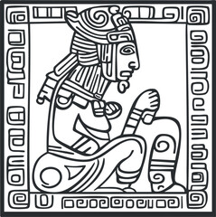Black and white line art of an ancient Mayan glyph depicting a seated figure with intricate patterns and symbols