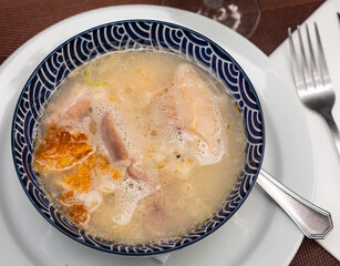 Popular dish of Spanish cuisine is Cocido de garbanzos, made from meat, vegetables and chickpeas