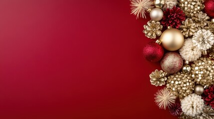 A festive arrangement of golden and red ornaments and decorations on a rich red backdrop, perfect for holiday marketing, greeting cards, or seasonal decorations,