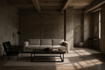 Stylish brutalist living room with concrete walls, soft sofa, minimal furniture and natural lighting. Elegant, warm, and contemporary interior design.