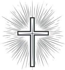Black and white illustration of a Christian cross with radiant glowing rays symbolizing faith and spirituality