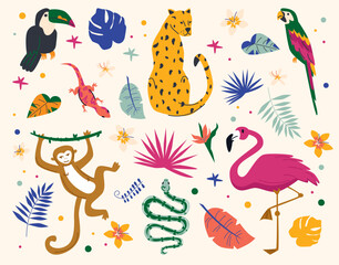 Collection of Jungle Animals and Tropical Plants.