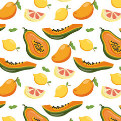 Tropical Papaya and Mango Fruit Seamless Pattern.