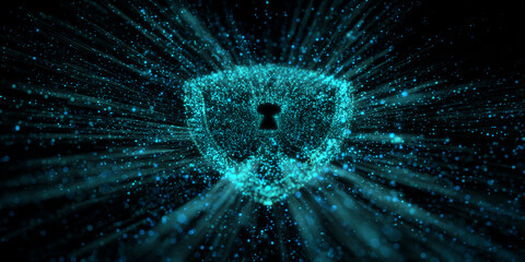 Abstract teal particle shield with keyhole, radiating light streaks on black background, symbolizes digital security, data protection, and privacy