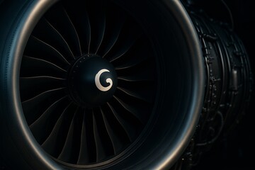 Detailed close-up of a modern aircraft jet engine turbine, showcasing aerodynamic blades and industrial design under moody lighting.