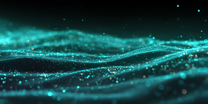 Teal particle wave background, glittering texture, abstract design, evokes feelings of serenity and technology, ideal for digital projects