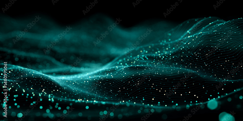 Poster abstract teal wave pattern with glowing particles, creating a dynamic and technological visual, idea