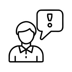 Obraz premium minimalist black and white line icon of user with speech bubble containing exclamation mark indicating warning or important feedback in ux