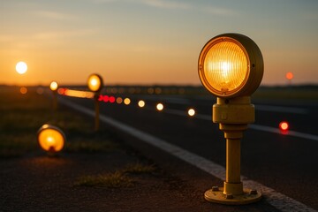A bright yellow airport runway warning light glows at sunset, guiding aircraft during low visibility. Warm tones create a dramatic and cinematic aviation atmosphere.