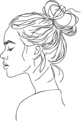 Minimalist line art drawing of a young woman in profile with hair tied in a bun and closed eyes