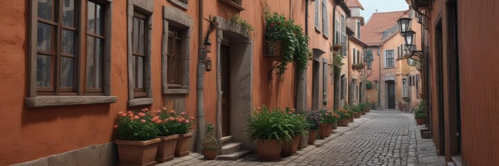 Fototapeta premium Narrow cobbled street, overflowing window boxes, terracotta roofs , alley, flora, idyllic