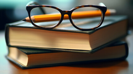 A stack of vintage books with eyeglasses and pencil evokes academic pursuit
