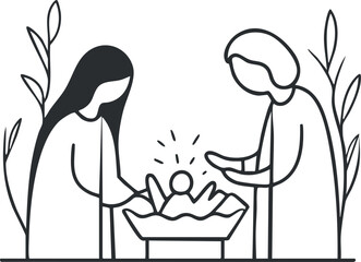 Black and white line art illustration of nativity scene with baby Jesus in manger and Mary and Joseph worshipping