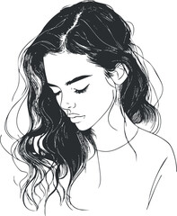 Black and white line art sketch of a young woman with long flowing hair in a calm and elegant pose