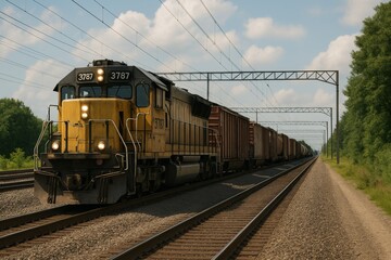 Obraz premium A long yellow freight train moves along double railway tracks in daylight, passing through green landscapes under electric lines.