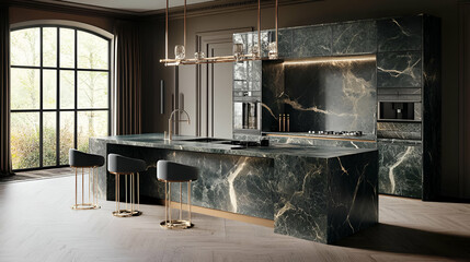 Modern Dark Green Marble Kitchen Interior Design