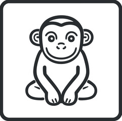 Black and white line art illustration of a cute sitting monkey with a smiling face and large ears