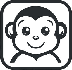 Cute cartoon monkey face icon smiling in black and white simple graphic design
