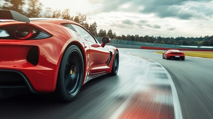 Red sports cars racing on a track speed motion blur and dynamic movement