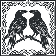 Black silhouette illustration of two ravens facing each other perched on a branch inside an ornamental decorative frame