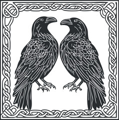 Black and white illustration of two ravens facing each other inside a decorative celtic knot frame