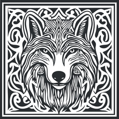 Black and white stylized wolf head illustration with decorative ornamental pattern background