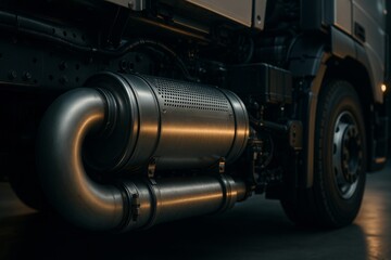 Close-up of a modern diesel truck's exhaust and filtration system with curved metallic pipes, showcasing industrial vehicle engineering.