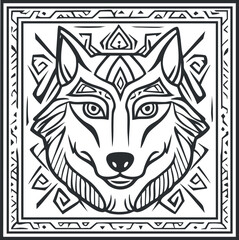 Black and white tribal style wolf head illustration with geometric patterns and ornamental frame