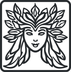Black and white illustration of a woman's face adorned with a decorative leafy headdress symbolizing nature and mythology.