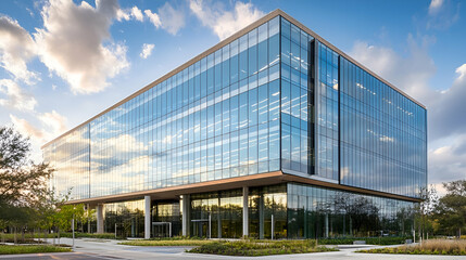 Fototapeta premium Modern Glass Office Building Exterior Under Blue Sky