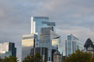 Fototapeta premium London, England, United Kingdom - October 2024: Panoramic view of Bank, London's leading financial district with blue sky and clouds autumn or fall