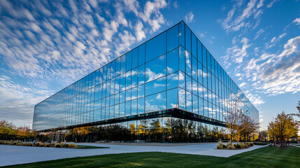 Modern Glass Office Building Exterior Under Blue Sky