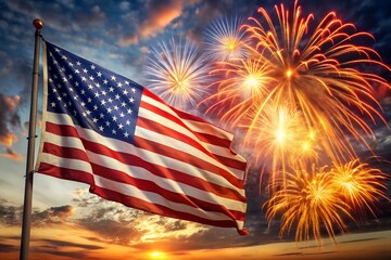 bursting fireworks in sky with glowing american flag