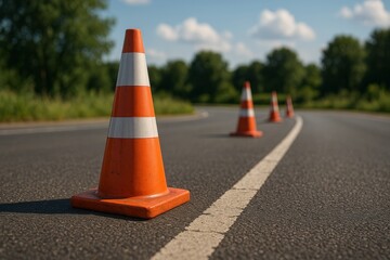 Orange traffic cones lined up along an asphalt road with a white line, set in a sunlit outdoor environment with trees in the background.