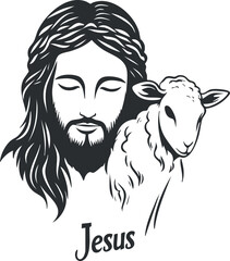 Black and white illustration of Jesus with a lamb symbolizing peace faith and spirituality in Christianity