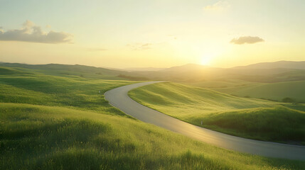 Fototapeta premium Picturesque landscape with a winding road through verdant hills at sunset