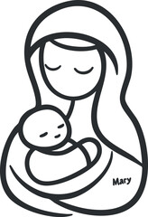 Simple black and white line drawing of a mother tenderly holding her sleeping baby wrapped in a blanket