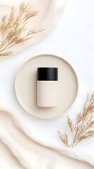 Beige Makeup Compact on Ceramic Plate with Dried Flowers