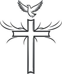 Fototapeta premium Black and white illustration of a Christian cross with a dove flying above and tribal wing design